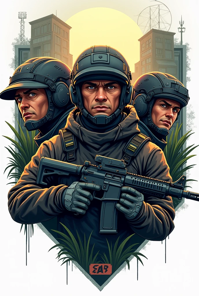 A faction clan emblem from Arena Breakout, designed as a crest. The emblem features tactical elements like helmets with visors, firearms, and futuristic gadgets. The crest is surrounded by a mix of urban and wilderness elements, such as abandoned buildings and overgrown vegetation. The overall design has a gritty, post-apocalyptic feel, emphasizing strategy and survival elements. The characters and elements are stylized to fit into the crest format, with intense, determined expressions and high-tech equipment integrated into the design.