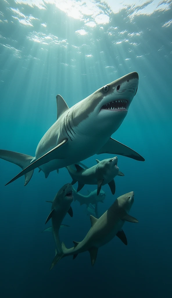 A great white shark giving birth, in a warm and tranquil part of the ocean, modern era, surrounded by gentle currents, releasing fully formed shark pups into the water, with a safe, predator-free seascape in the background, medium shot, hyper-realistic, photo realism, cinematography --ar 9:16.