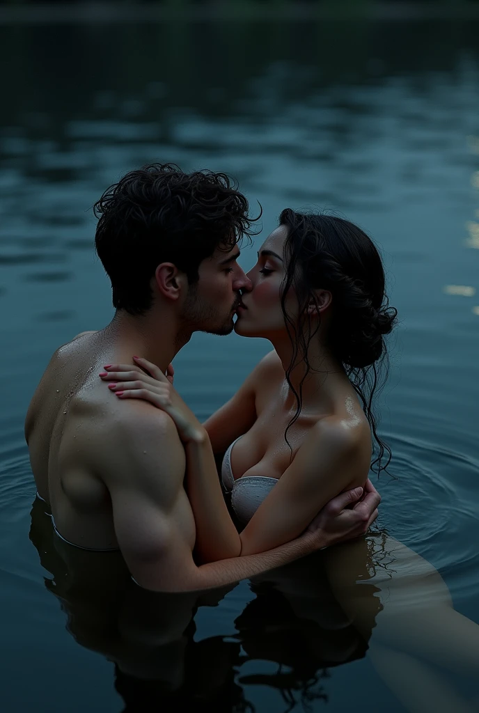 Naked Man And Woman Kissing In Lake Water At Night