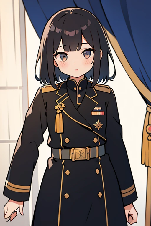 Girl, military uniform, PLA, Asian, flat chest, black hair, curtain bangs, forehead slightly exposed
