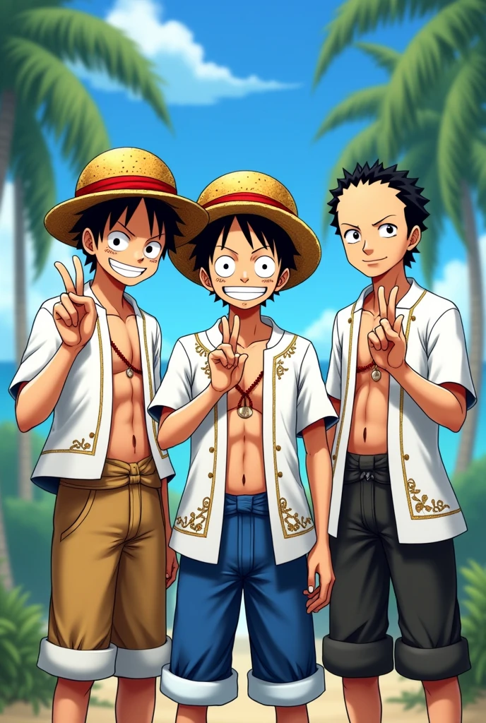 Luffy, Zoro, Sanji wearing Philippine white Barong with peace sign