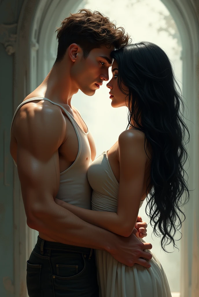 fantasy couple, young white man muscular blue eyes brown hair wearing a tank top with no shirt, black hair woman, whole body