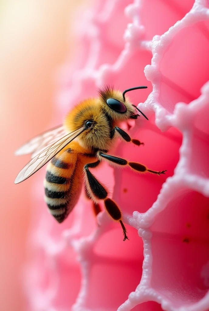 Bee on pink honeycomb