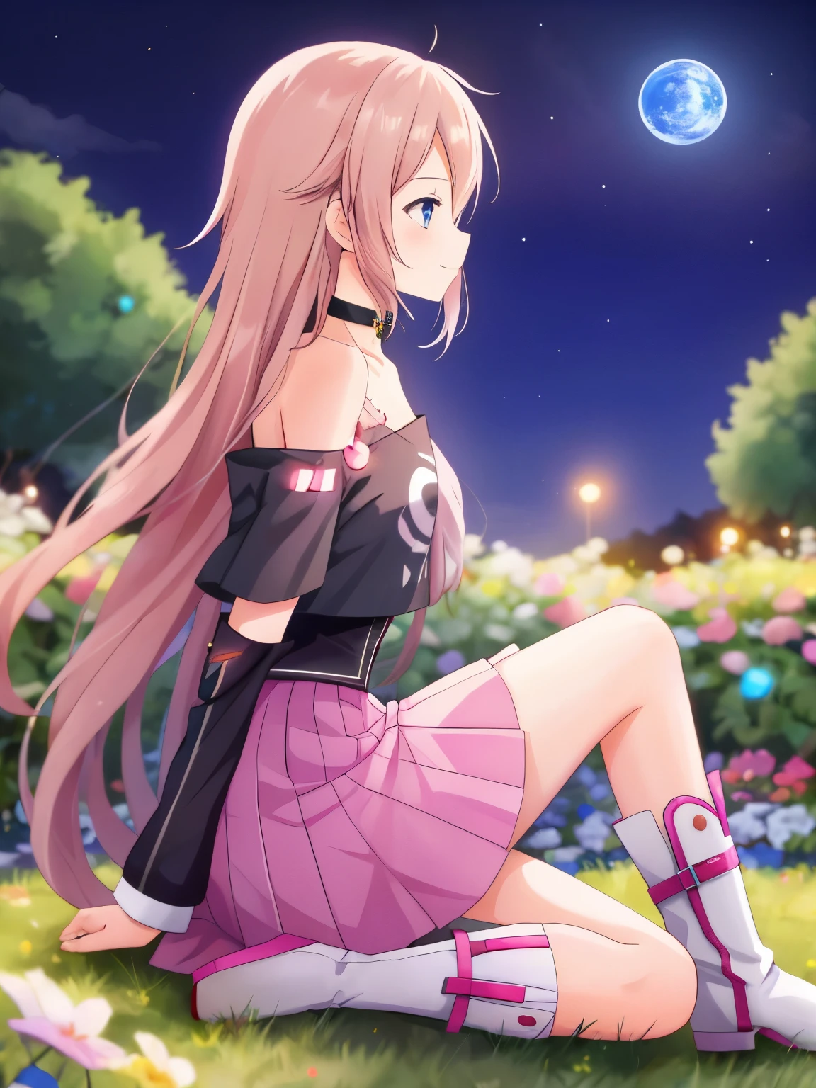 One Girl, he, Vocaloid, skirt, Black Shirt, Off the shoulder, choker, beauty, Girl from another planet, Happy, Mysterious Girl, boots, Sit on the ground in the garden, whole body, Hold the knee, From the side, Gazing at the sky, Night Sky, profile