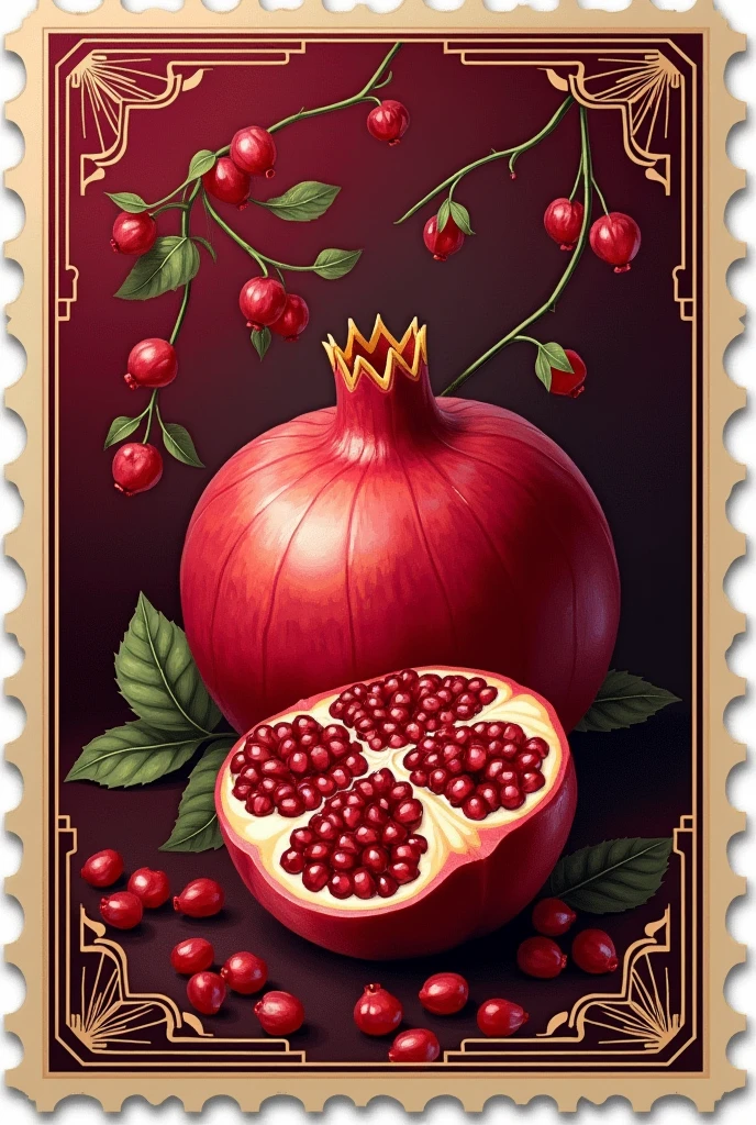 Stamp for seasonal pomegranate liqueur with wine-colored background