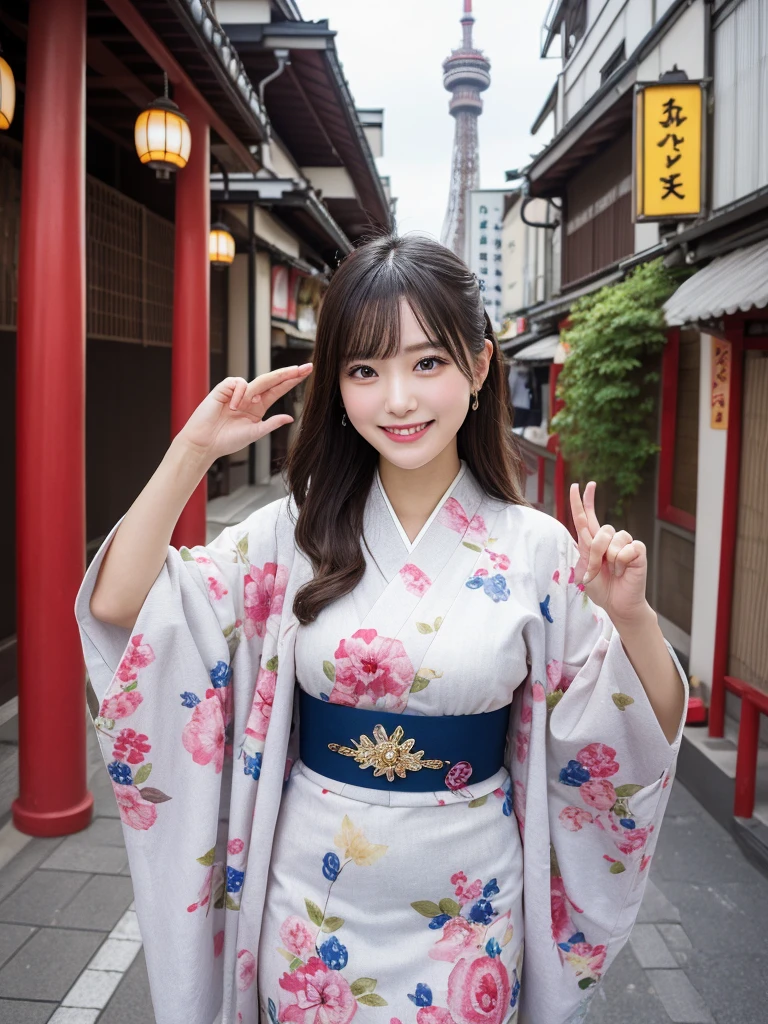 1girl, solo, highres, best_quality, masterpiece, detailed_background, intricate_details, beautiful, tokyo, asakusa, skytree, traditional_clothes, kimono, smile, looking_at_viewer, dynamic_pose, natural_pose, candid, happy