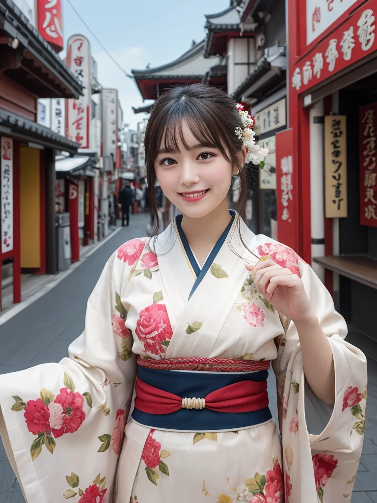 1girl, solo, highres, best_quality, masterpiece, detailed_background, intricate_details, beautiful, tokyo, asakusa, skytree, traditional_clothes, kimono, smile, looking_at_viewer, dynamic_pose, natural_pose, candid, happy