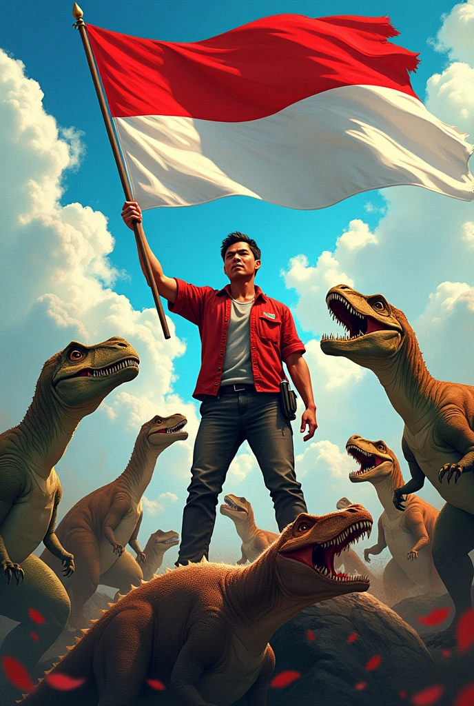 Indonesian independence struggle holding the Indonesian flag against cartoon dinosaurs
