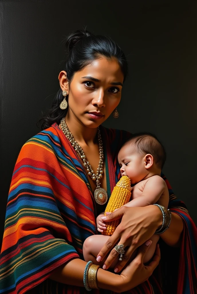 masterpiece, realist, high contrast, Caceres angel painting style, Mexican Rarámuri indigenous woman, with Mexican woven shawl, and held a corn cob,breastfeeding your baby, style work of angel of caceres, dark background, Abraham bloemaert, Rembrandt, Black background, shocking look, Caravaggio,