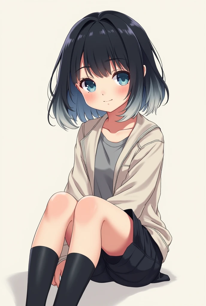 gender:Girl Eye Color:Blue Eyes Hairstyle:Bob hair color:Black hair with light silver gradation at the end:Cool and stylish clothes:Parker style:Cute illustration system:Sitting with legs stretched out