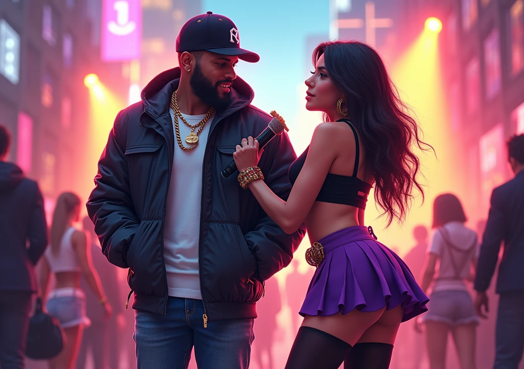 Create an image of a rapper and a cute girl next to him.
- Rapper Without a cap - Girls Dressed in a top Purple skirt Long black stockings