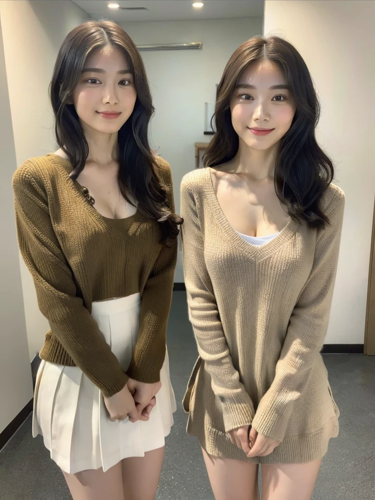 (masterpiece:1.3), (8K, Photoreal, Raw photo, best image quality: 1.4), Japanese high school girl、Similar identical twins、2 girls、(random hairstyle:1.2)、cleavage:1.2、super detail face、eye for details、double eyelid、chest to chest、sharp focus:1.2、Beautiful woman:1.4、light brown hair、highest quality、masterpiece、Super high resolution、(Photoreal:1.4)、Highly detailed and professionally lit smiles、loose and light knitwear, Two girls whose faces, figures, and standing positions are perfectly copied like the virtual image reflected in the mirror and the real image.,To her rightside there is a mirror in which she sees herself., all girls are exactly the same face