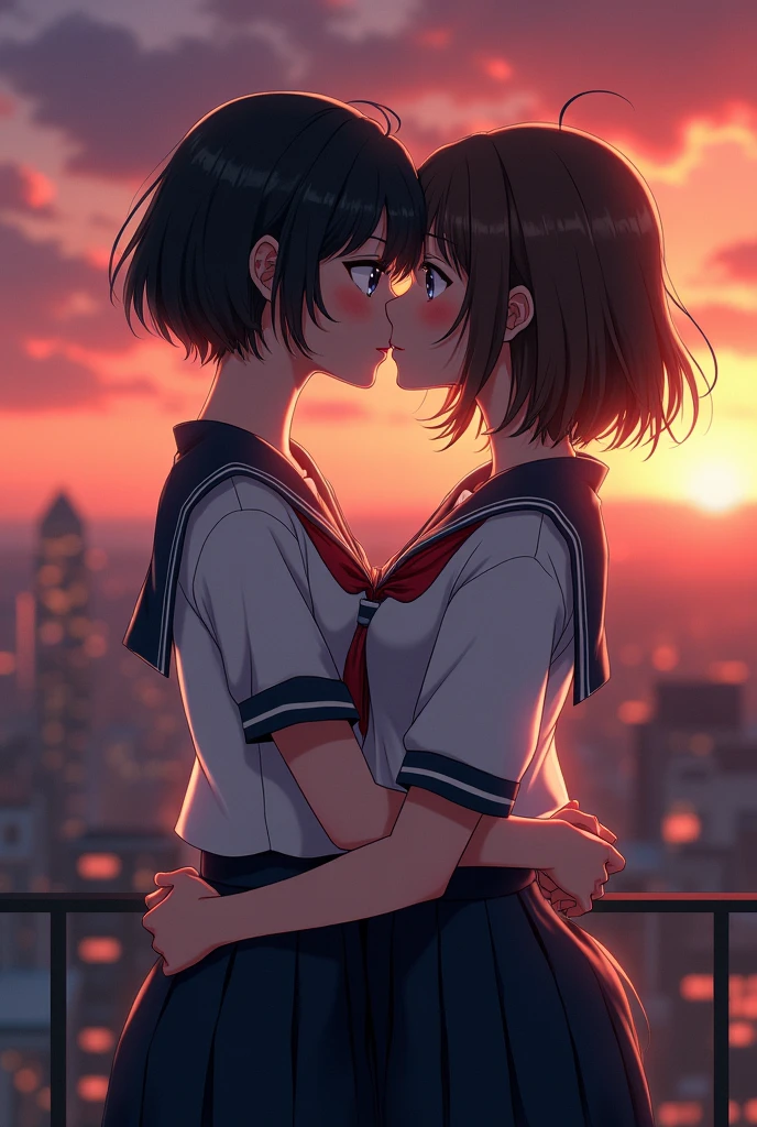 two anime girls kissing with tongues on top of a building with the sunset. The first girl has short black hair and is naked but your body is transparent. The second girl is wearing a traditional school outfit and has medium brown hair