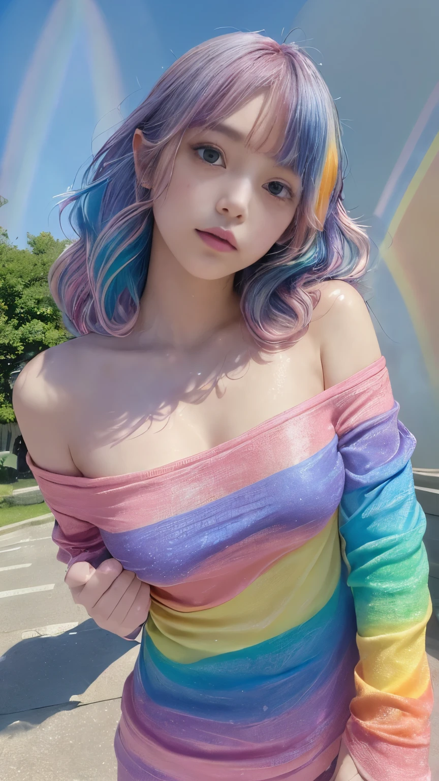 (Pink Fashion T-Shirt:1.9)、(colorfulな髪:1.8)、(All the colors of the rainbow:1.8)、((((Portrait:1.6)))、(Picturesque:1.6)、frontage、Big eyes、Clear eyes、(虹色のGradationハイポニーテール:1.7)、Exquisite makeup、Mouth closed、(Small fresh:1.5)、(Wipe the chest:1.6)、Long-term、A man wearing a white off-the-shoulder T-shirt with tears in his eyes、(Rainbow Hair:1.6)、An explosion of colors, Messy Lines, ((Shine)), (colorful), Chic paint style, (Splashes of color), Portrait, Browsing Caution、 Paint splashes, Acrylic Pigments, Gradation, Depth of written boundary, facepaint, colorfulな服, (elegant: 1.2), nice,Hair length, Wind, (elegant: 1.3), (petal:1.4)、(((masterpiece)))、(((Highest quality)))、((Ultra-detailed))、(Dynamic Angle)、((plankton))、(paint)、((Disheveled Hair))、(solo)、((Beautifully detailed face))、Shoulder pain、Gray Hair、((colorfulな髪))、(((Striped Hair))、Beautiful and fine details、(Gradationカラーの目)、((Clatter toes))、(colorfulな背景))))、((((High saturation))))、(((colorfulな水しぶきに囲まれた)))