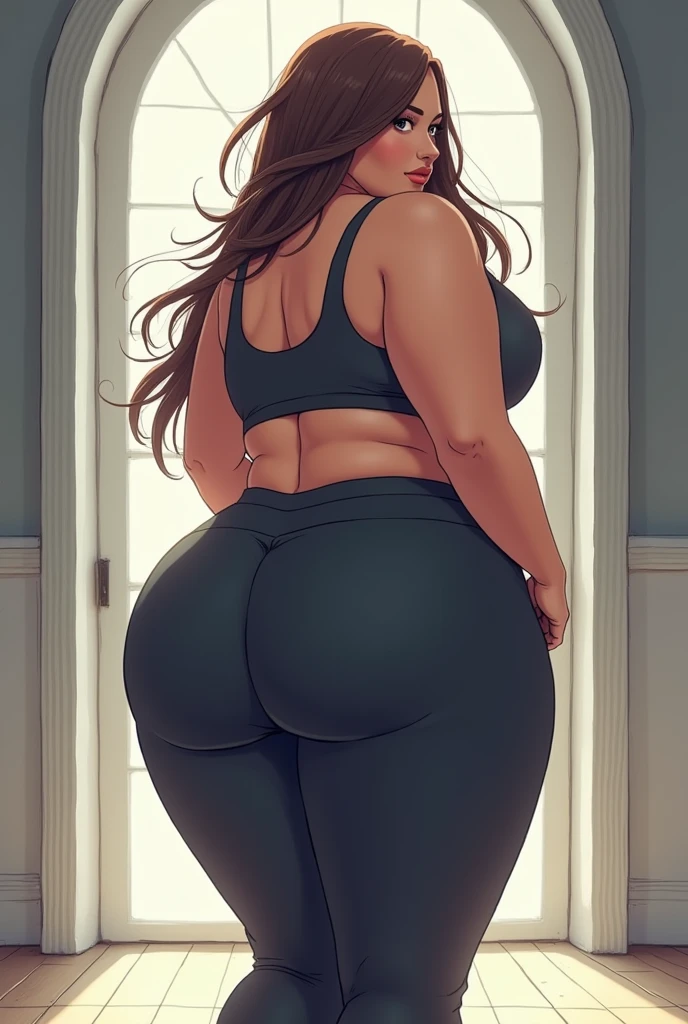 Anime, Extremely thick and curvy goddess with wide hips and thick thighs and large thick legs, and thick butt with Extremely large breasts with tight yoga pants on and no bra on sticking out her butt