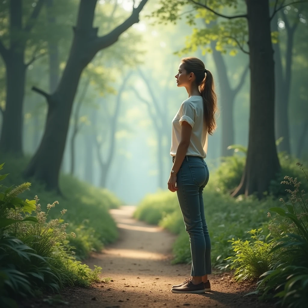 Create A 35 year old woman, standing at the beginning of a trail in a forest, looking at front. The image must have natural lighting, with shades of green and light blue, conveying tranquility and hope, without explicit mystical elements.