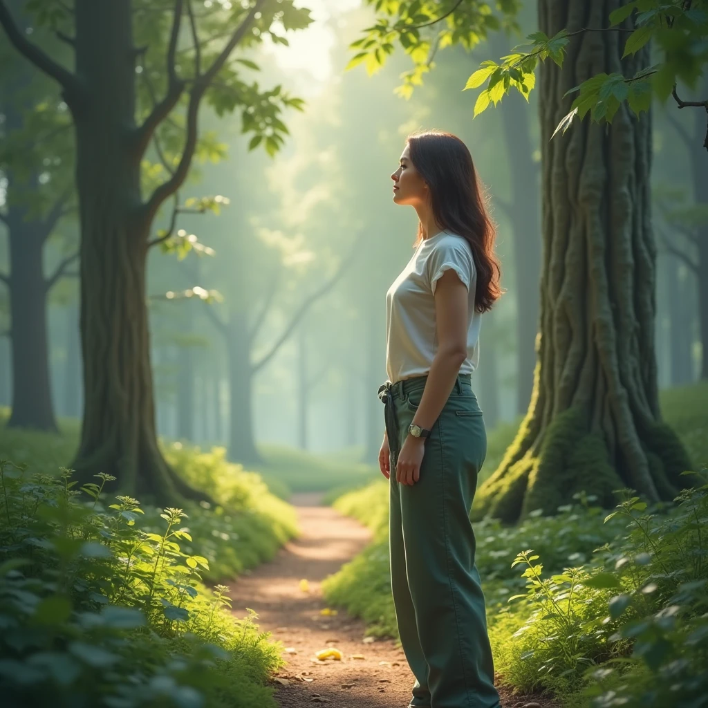 Create A 35 year old woman, standing at the beginning of a trail in a forest, looking at front. The image must have natural lighting, with shades of green and light blue, conveying tranquility and hope, without explicit mystical elements.
