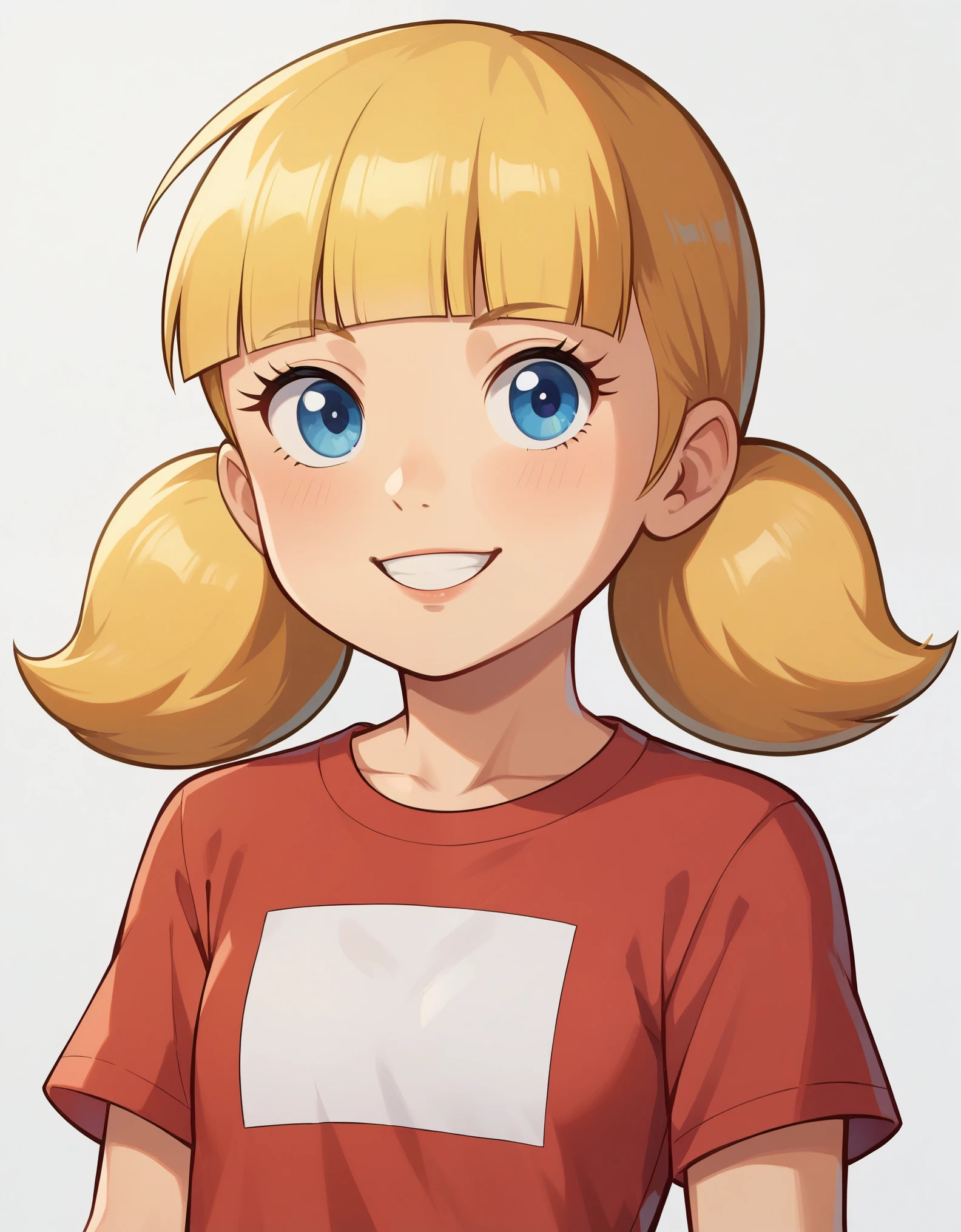 score_8, score_8_up, score_7_up, score_6_up, sgstyle, BREAK, 1girl, solo, female focus, 1girl, penny_ig, BREAK,
1girl, penny, blonde hair, twintails, blunt bangs, blue eyes,
red shirt, short sleeves,
upper body, smile, looking at viewer, solo, simple background, white background   