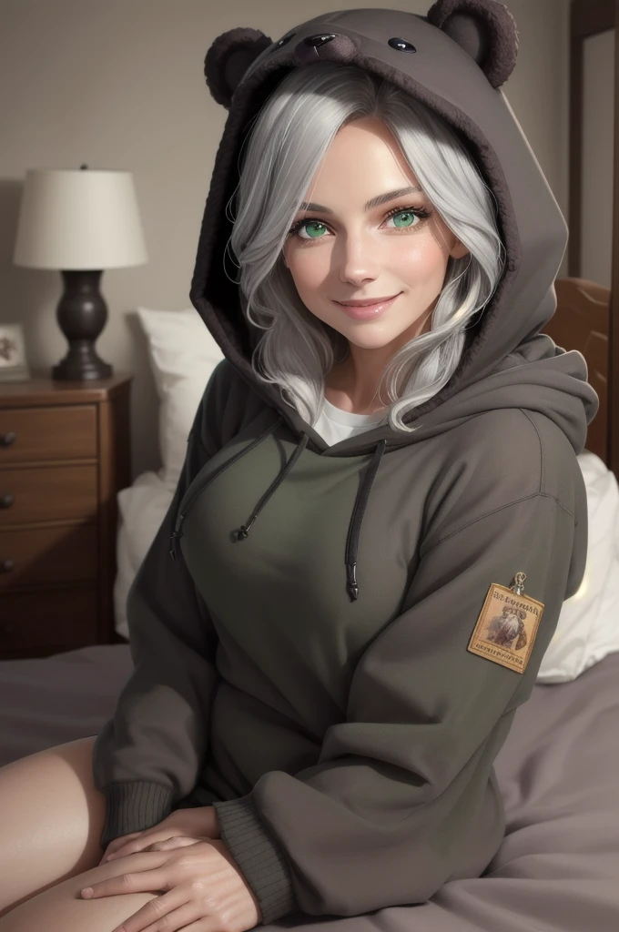 beautiful, (masterpiece), best quality, (extremely detailed face), extremely detailed eyes,  perfect lighting, OverallDetail, detailed, deep skin,textured skin,
,bear costume ,black bear costume, long sleeves, hood up,,mallow , elder , 50 years old, aging ,long gray hair, green eyes, big smile,on bed ,sitting between pillows,
,