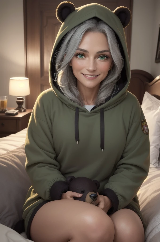 beautiful, (masterpiece), best quality, (extremely detailed face), extremely detailed eyes, perfect lighting, OverallDetail, detailed, deep skin,textured skin,
,bear costume ,black bear costume, long sleeves, hood up,,mallow , elder , 50 years old, aging ,long gray hair, green eyes, big smile,on bed ,sitting between pillows,
,