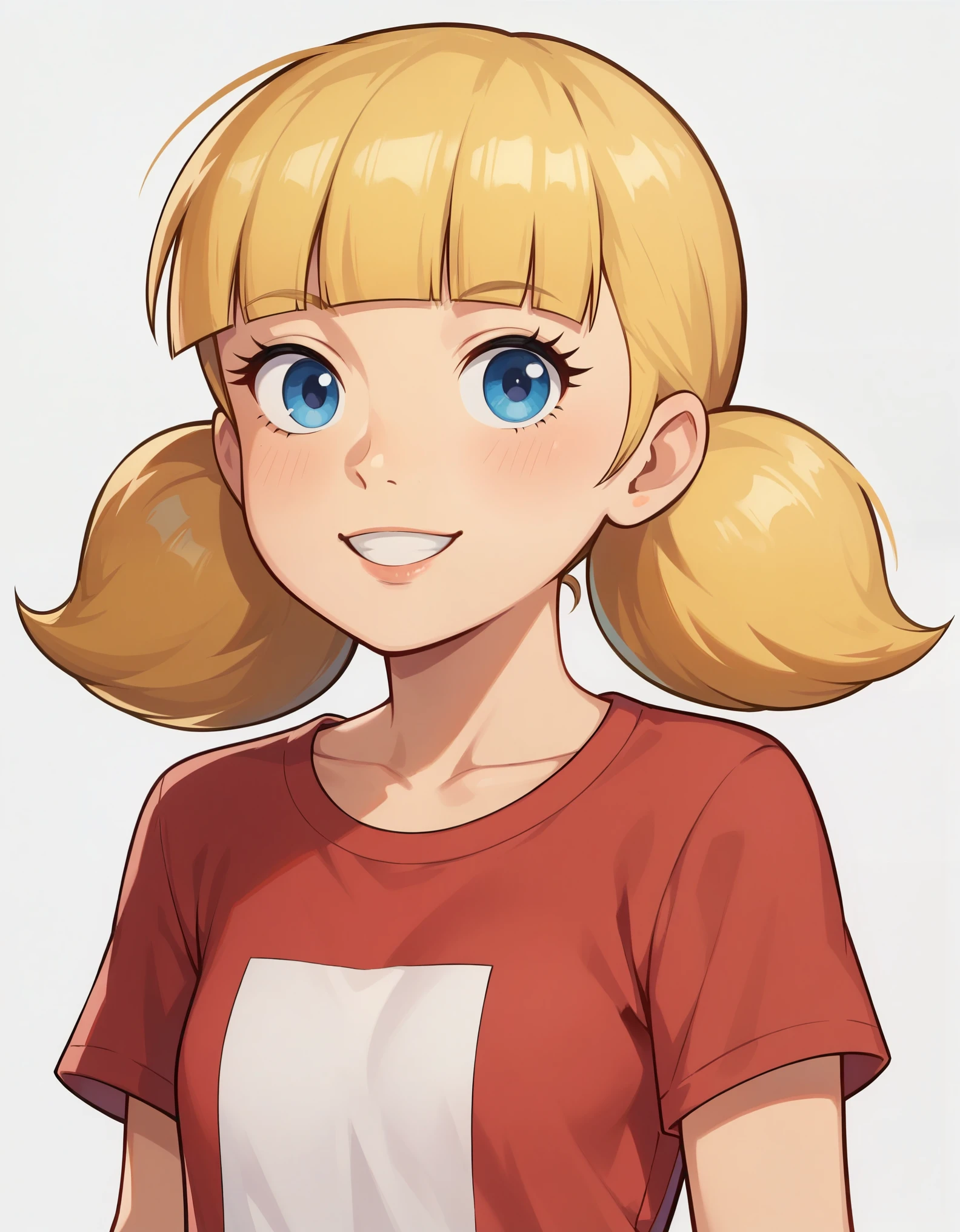 score_8, score_8_up, score_7_up, score_6_up, sgstyle, BREAK, 1girl, solo, female focus, 1girl, penny_ig, BREAK,
1girl, penny, blonde hair, twintails, blunt bangs, blue eyes,
red shirt, short sleeves,
upper body, smile, looking at viewer, solo, simple background, white background   