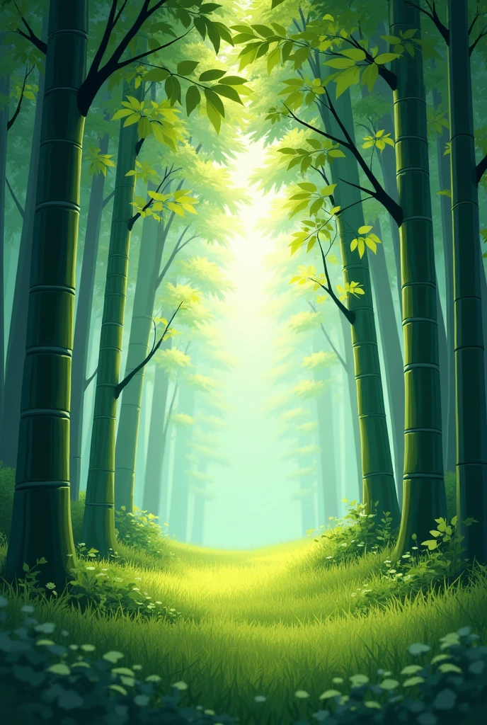 A tree and bamboo forest, with grass all over the ground, in a cartoon style