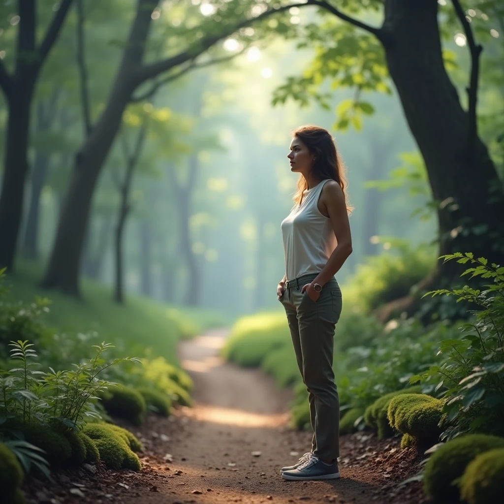 Create A 35 year old woman, standing at the beginning of a trail in a forest, looking at front. The image must have natural lighting, with shades of green and light blue, conveying tranquility and hope, without explicit mystical elements.