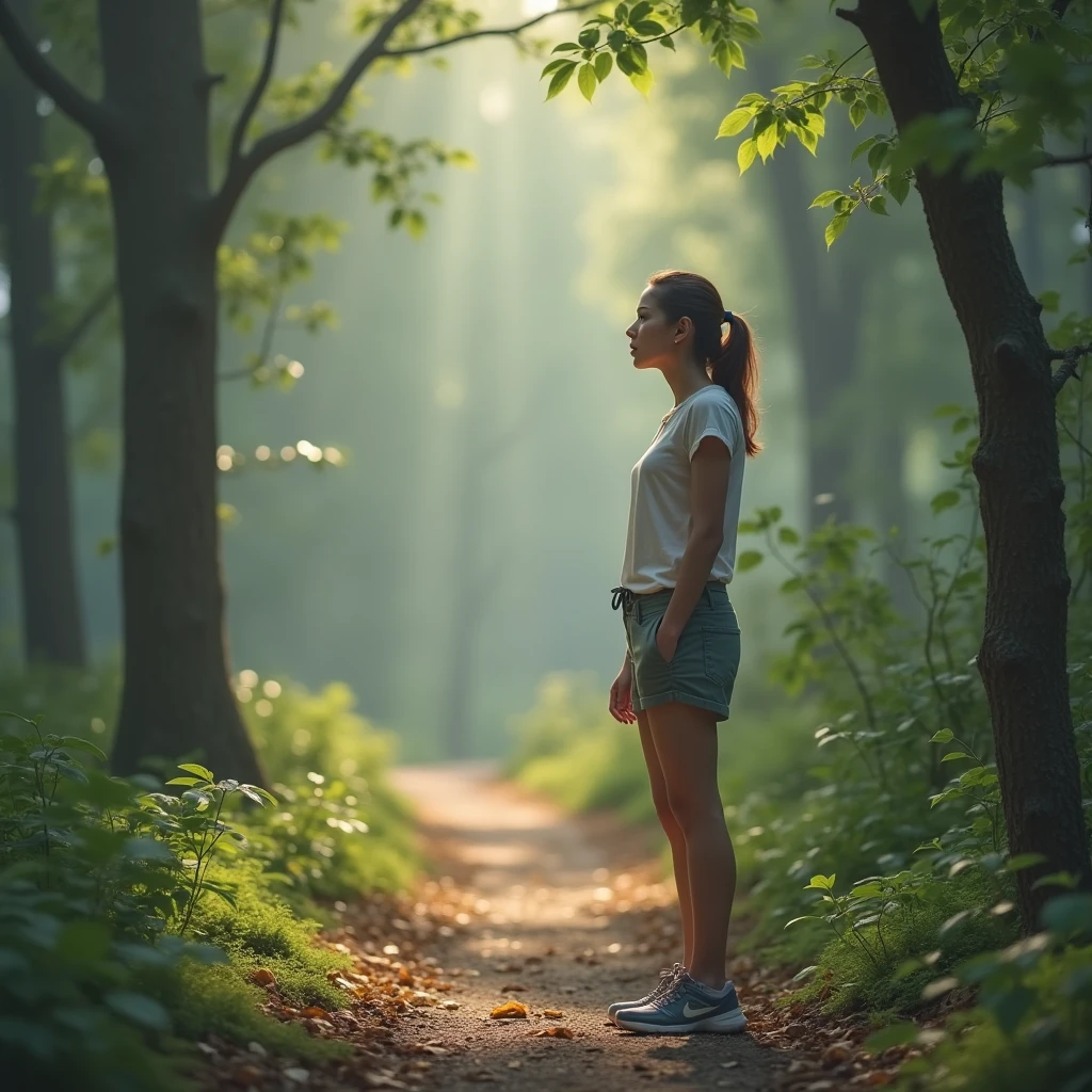 Create A 35 year old woman, standing at the beginning of a trail in a forest, looking at front. The image must have natural lighting, with shades of green and light blue, conveying tranquility and hope, without explicit mystical elements.