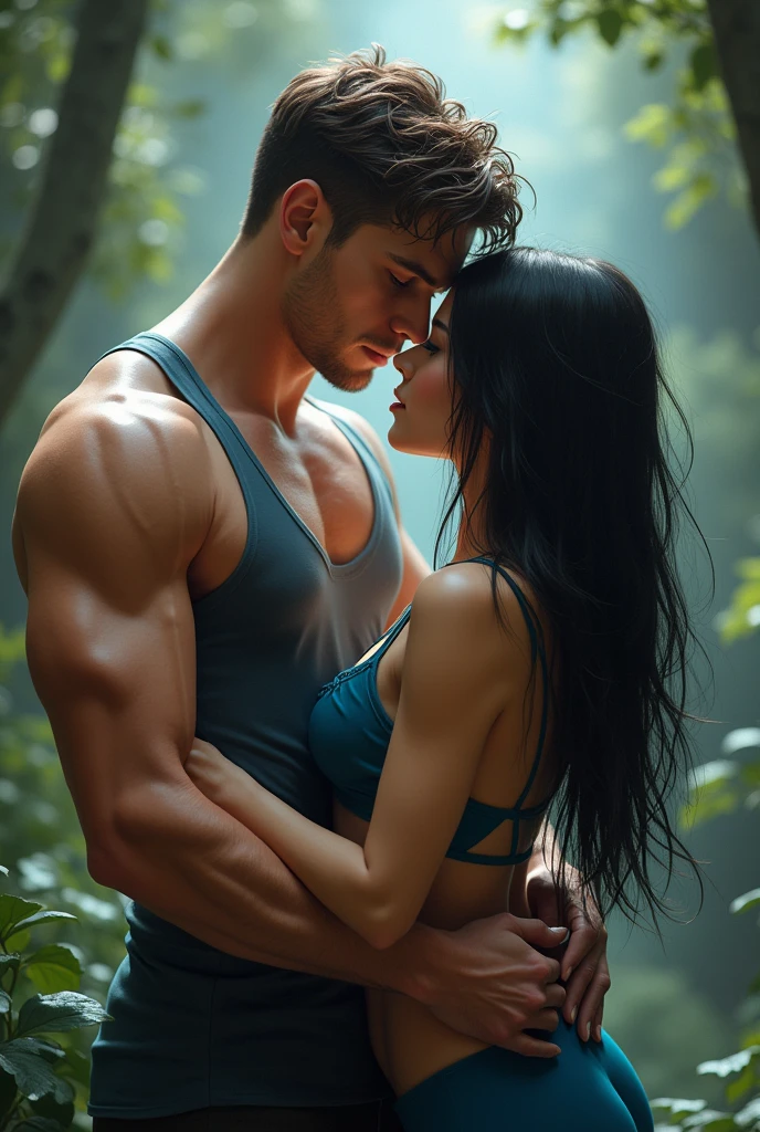 fantasy couple, young white muscular man blue eyes brown hair wearing a tank top with no shirt, black hair woman, whole body