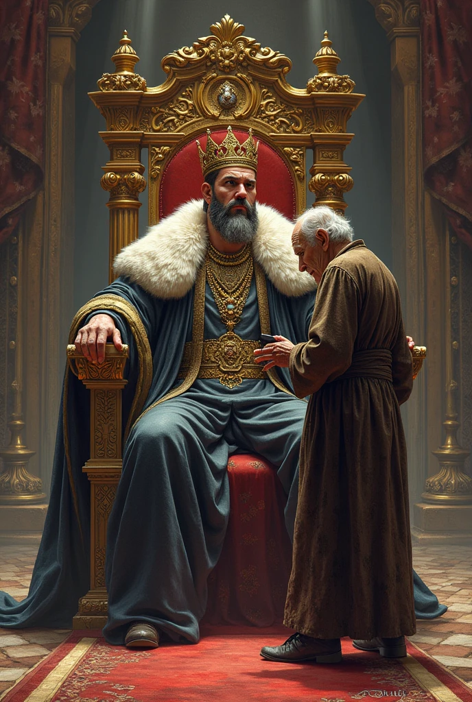 A king on the throne and an old man wearing old clothes, dirty and old...the man is in front of the king. The image line must be medium, as a medium quality drawing. 