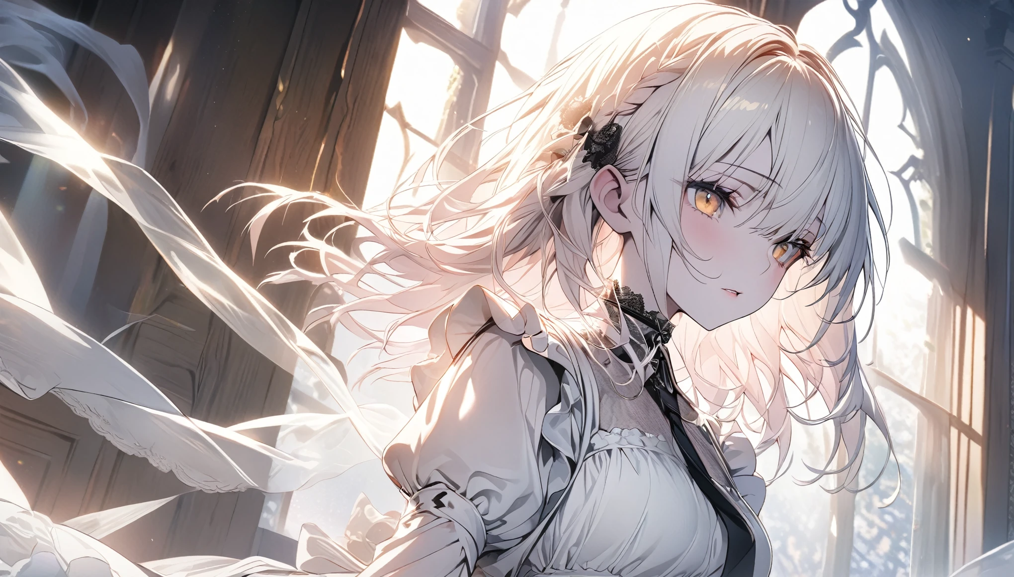 (Extremely delicate, masterpiece, excellent light and shadow, 8K HD wallpaper), white hair, golden eyes, maid, gothic, intermittently translucent white clothes, looking at the upper body, low angles, lacy hair accessories, white moonlight, pale pink skin, tie at the waist, side braid swing, french window.