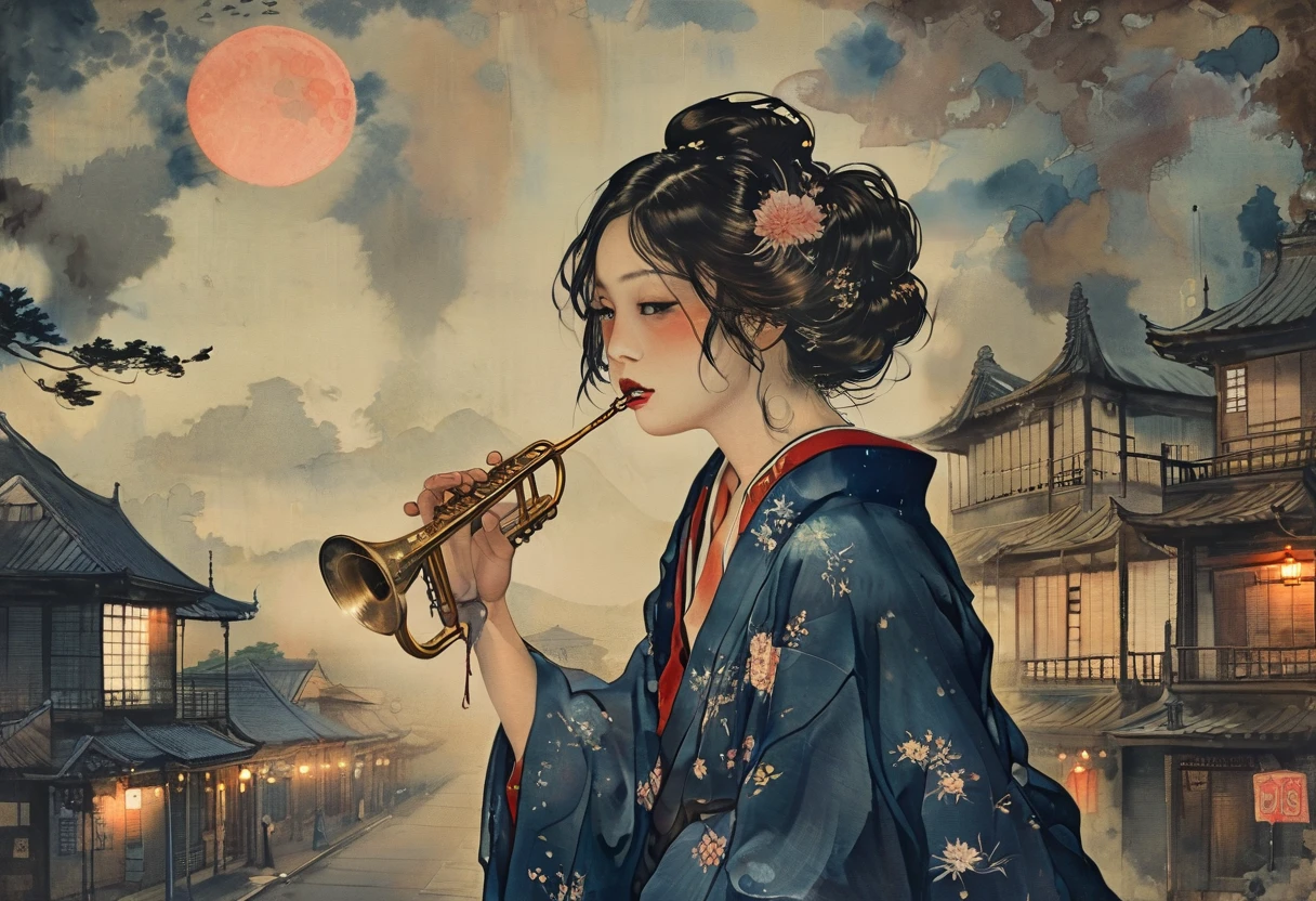 New Orleans, Louisiana, USA A very beautiful Japanese woman in a kimono is playing a trumpet alone on a dark antique street at night in the American South Painterly