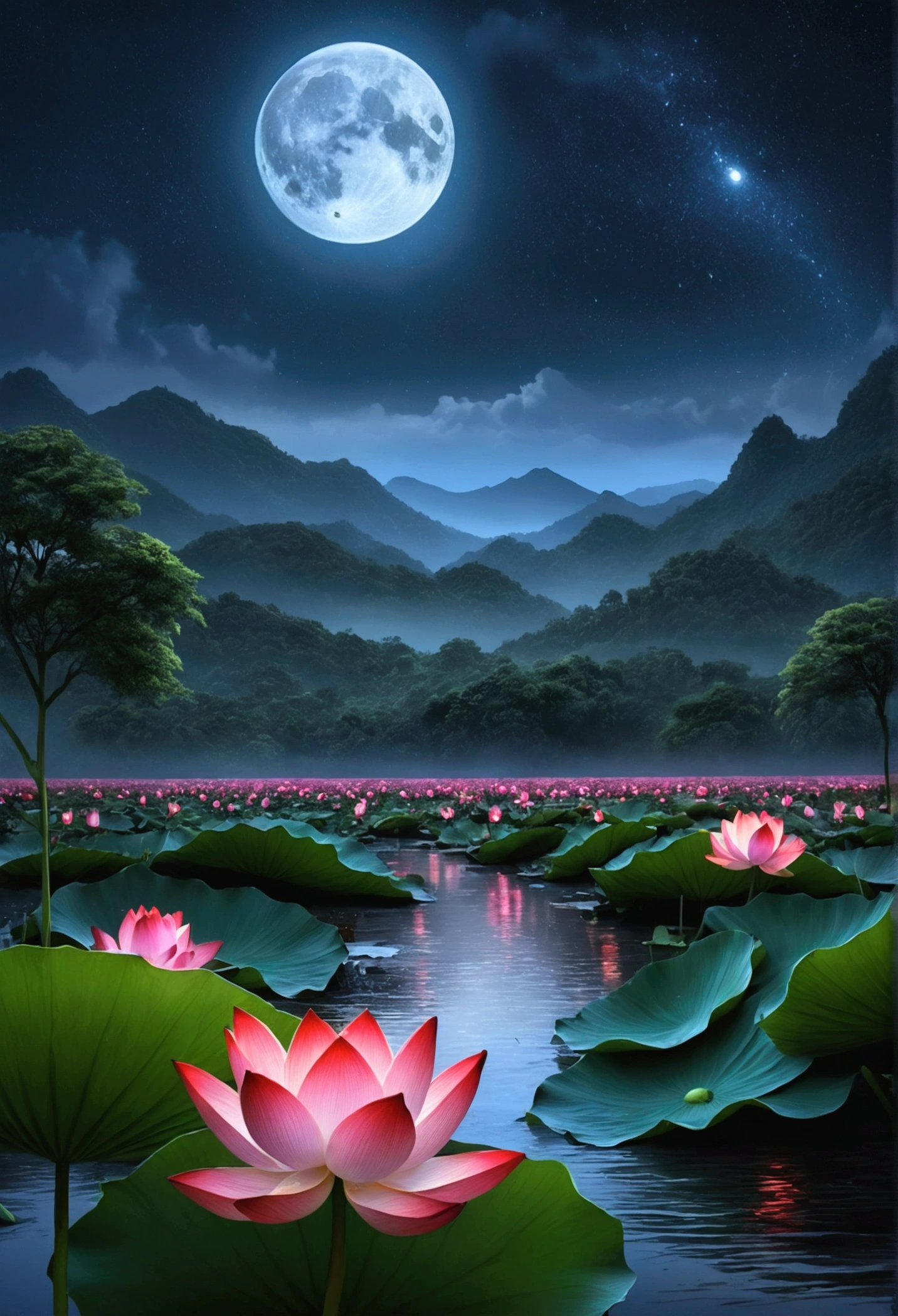 At night, only the moonlight illuminates, crooked moon, mountains in the distance, beautiful big lotus flowers nearby, big red lotus flowers, running water next to it, frogs, summer full of joy, crooked moon in the sky mixed with stars, amazing wallpaper, rainy night, night in the rain, beautiful and beautiful, movie, high detail ((heavy rain))), 8k