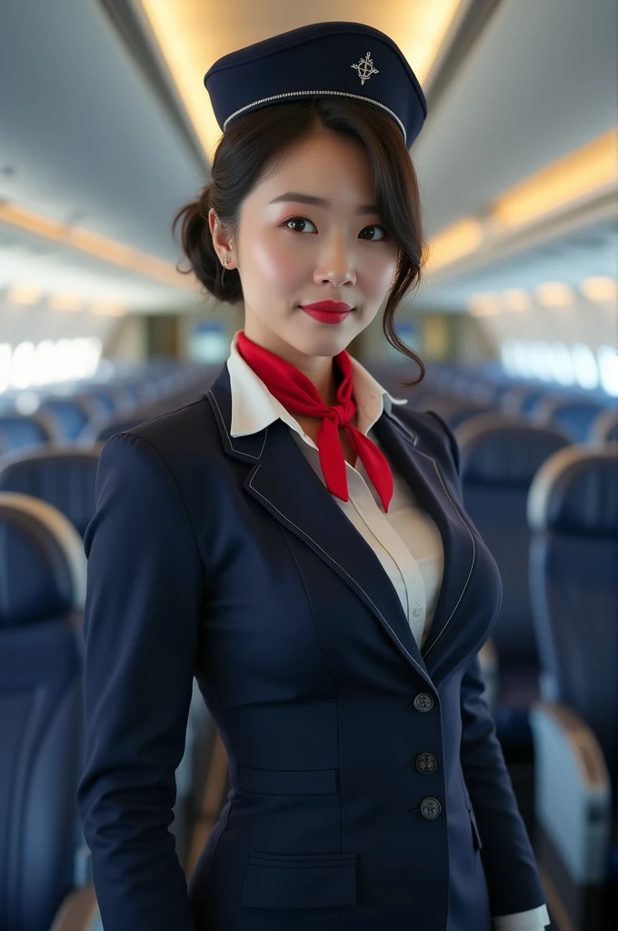 (8k, best quality, masterpiece, golden ratio composition,:1.3), (Zoom out shot:1.2), (A beautiful Japanese mature woman dressed in a classic flight attendant uniform, uniform is navy blue with a matching small beret, white blouse, red neck scarf, neatly styled hair ,light makeup), (huge breasts), standing in an airplane cabin