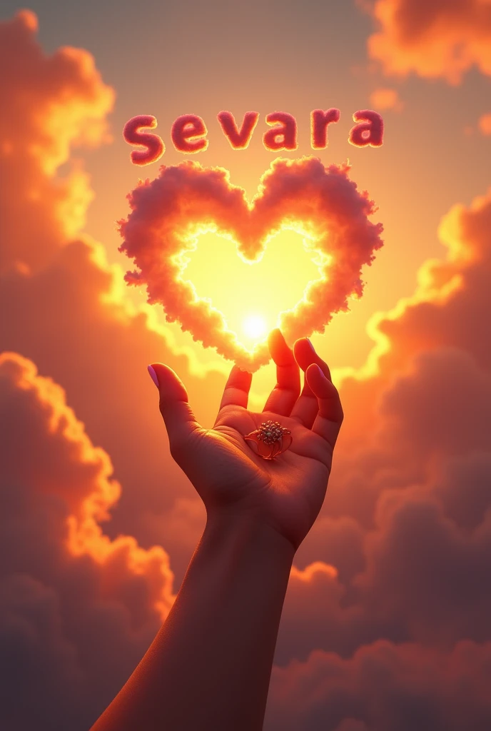 a beautiful sunset scene. The sky is painted with vibrant hues of orange, yellow, and red, creating a warm and romantic atmosphere. In the sky, clouds have been formed to spell out the name "Sevara" in bold letters, and just below it, there's a cloud shaped like a heart. A person's hand, which is adorned with a ring and painted nails, is extended towards this heart-shaped cloud, giving the impression that they are either touching or drawing it.