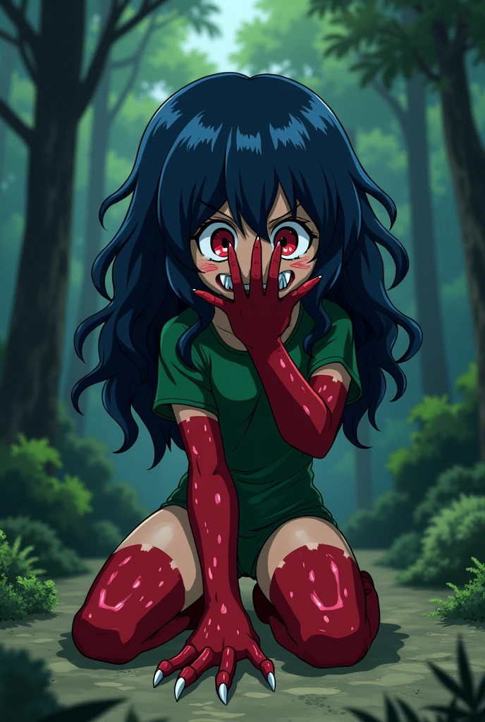 A dark skinned girl,long wavy dark blue hair, Red eyes, prominent fangs,scared face,His arms are red dinosaur claws,using a green bodysuit,With his right arm he covers half of his face,she is kneeling,Looking down at the floor,forest background,anime comic style Boku no hero academia 