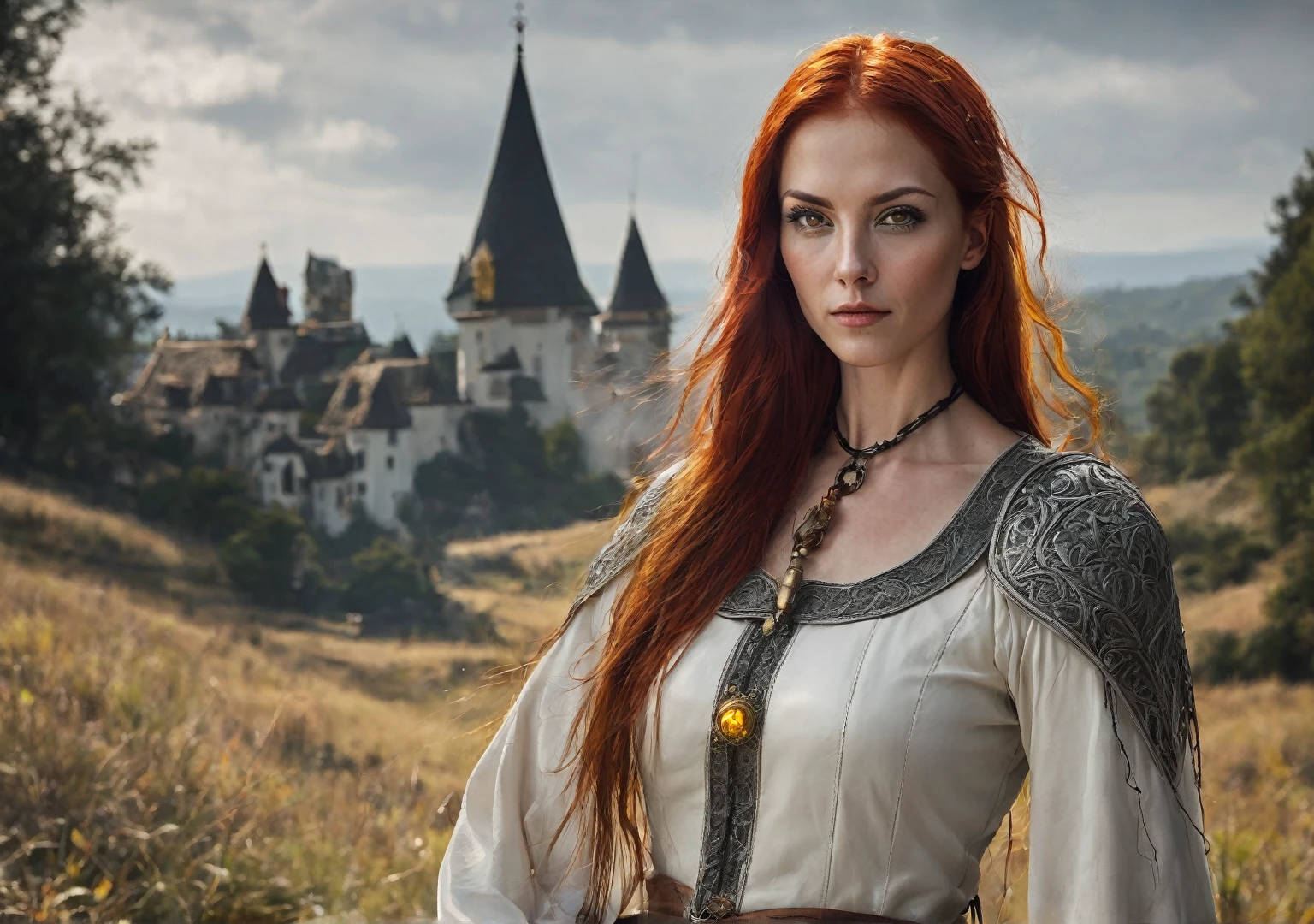 Woman, witch, caucasiana, 33 years old, Red hair, "straight and loose hair", yellow color eyes, Oval face, he would be, arched eyebrow, medieval style white leather clothing, black leagwear, manipulates light, drawning.