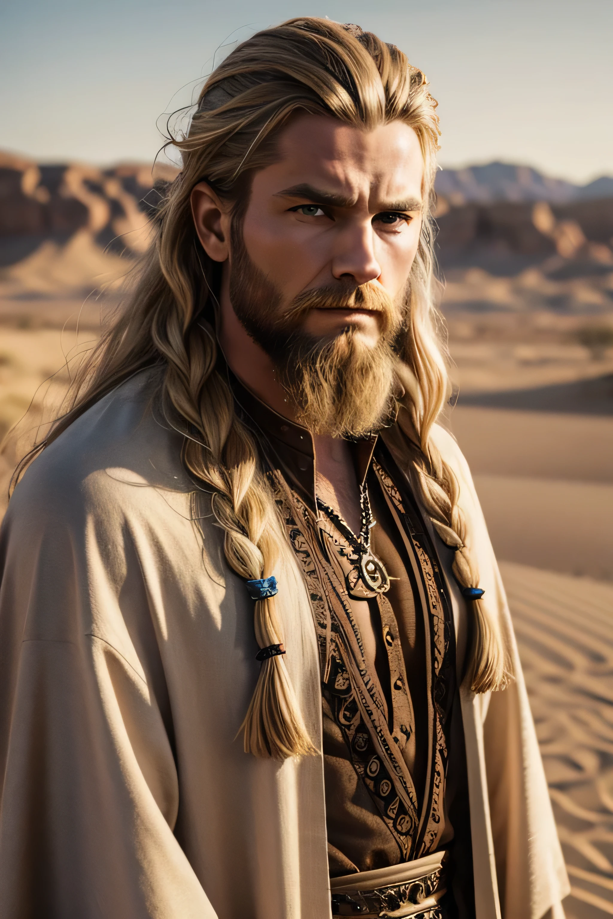 1 male viking, long blond hair, rough beard, wearing a caftan, ugly face, looking angry, 30 years old, desert background, absurdres, high res, ultrasharp, 8K, masterpiece, the image should be of absurd resolution and high detail. It should be ultra-sharp and available in 8K resolution, representing a masterpiece in image quality.