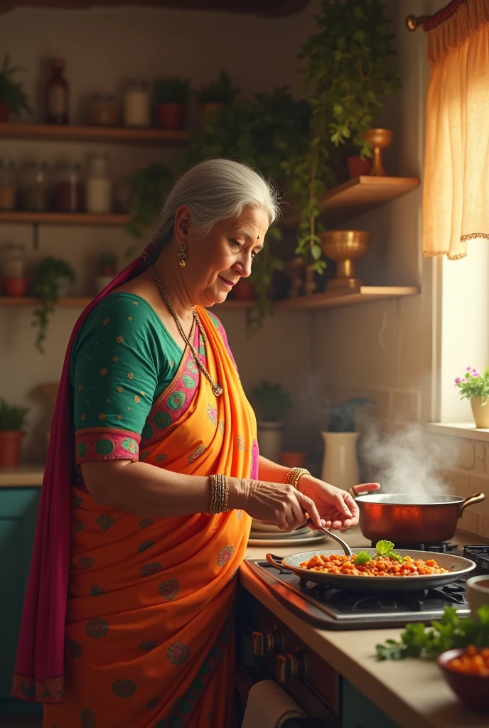 A Indian mother in saree , and making tasty food for her children 