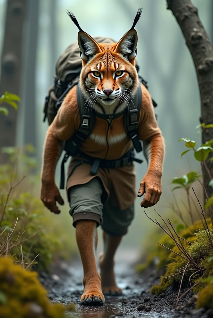 Lynx walking on a narrow path in the swamp, with a small backpack on his back. His expression would be one of curiosity and determination..
Characteristics:
equipment: I could carry a compass, a flashlight or a small axe, suggesting that he is prepared for any adventure.
position: A slightly forward leaning posture, transmitting movement and dynamism.
Details: He may have mud stains on his fur and worn-out clothing..
These concepts can be combined and adapted according to your preferences.. For example, You could combine the dominant stance of the second concept with the cautious expression of the first..