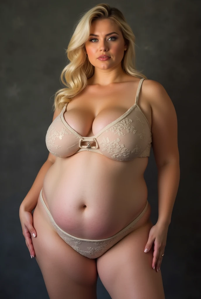 masterpiece, (photorealistic), (8K wallpaper) , (Best quality), perfect quality, One, (detailed eyes), girl, Officer, Blonde hair, very beautiful, young, 18 years, outside: (sexual outside, standing), Face : (Officer, small smile, young, very beautiful Face, plump Face, round Face, adult, double chin, plump cheeks, small smile, very beautiful, cute Face, young, big eyes) , figure: ( very full body, very full figure, very fat, very fat, chubby, chubby belly, chubby belly bottom, big deep navel, Very soft, Very seductive, fat buns, stomach rolls, thick love handles, sexual curves, wide hips, thick thighs, fat ass, sexual, Cupcake top, very fat thighs, thick thighs) , cloth : (tight-fitting transparent lingerie)