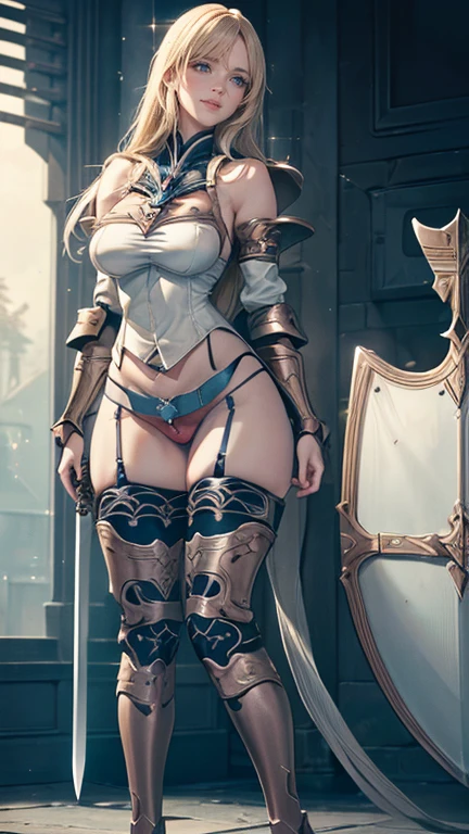 Browsing Caution,Sensual, Long blonde hair, Thick thighs, 8k, 4K, Highest quality, (High resolution:1.6), Cute anime face, Noise Reduction,Flaxen Hair、 (Sparkling Blue Eyes, A kind smile:1.3, Kind eyes:1.3)、Young Face, Anime Eyes, Asheria、(Sword in right hand:1.5)、(Equipped with a shield on the left arm:1.5)、(SFW Giant:1.9)、Large areola, Puffy nipples:1.3, tight, skinny, Long tights、Knee-high boots、(garter belt:1.5)、Beautiful Hands、Beautiful fingers、(High cut thong:1.5),squatting, spread legs,