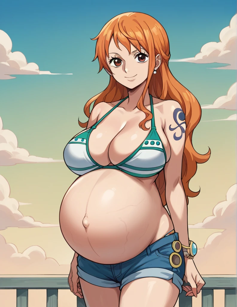 score_9, score_8_up, score_7_up, source_anime, best quality, clear face, 1girl, nami, NAAmi, orange hair, blue eyes, large breasts, white bikini, shorts, cleavage, smile, looking at viewer, sky, standing, pregnant belly, huge belly, belly