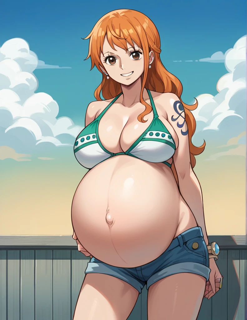 score_9, score_8_up, score_7_up, source_anime, best quality, clear face, 1girl, nami, NAAmi, orange hair, blue eyes, large breasts, white bikini, shorts, cleavage, smile, looking at viewer, sky, standing, pregnant belly, huge belly, belly