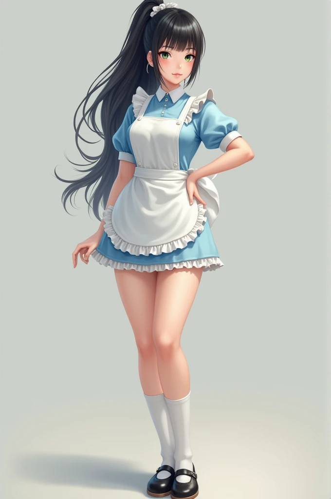 Korean woman with black hair, with a ponytail style/gathered into a ponytail with bangs in the front, green eyes, Pale skin, short light blue dress with a white apron, big breasts with wide hips, white socks and black shoes 