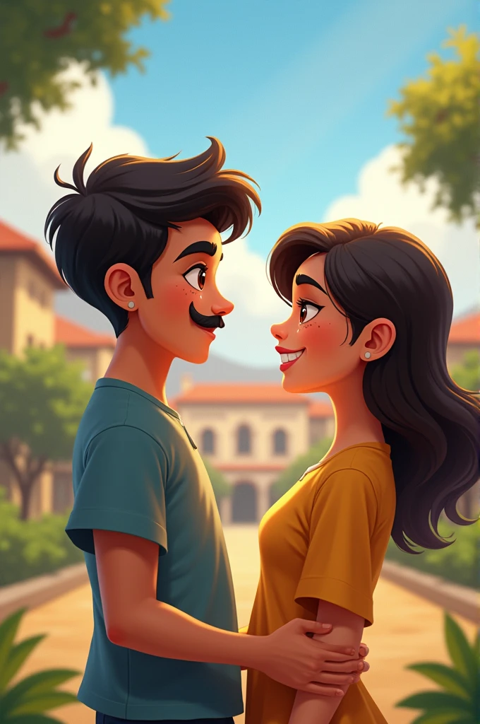 Bolivian boy with cinnamon skin, half-slanted eyes and a mustache only on his chin, a slightly striking nose with dimples on his cheek and 6 moles around his lips flirting with a chubby cinnamon-skinned girl, with dark circles under his eyes and smiling at the San Simón University