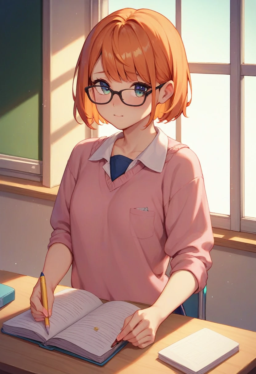 a young ager, shy, short hair, Orange hair, parts, glasses, ((big boobs)), ((almost noticeable nipples)), sitting at school, doing homework, holding a pencil, sunlight coming through the window, looking at his notebook