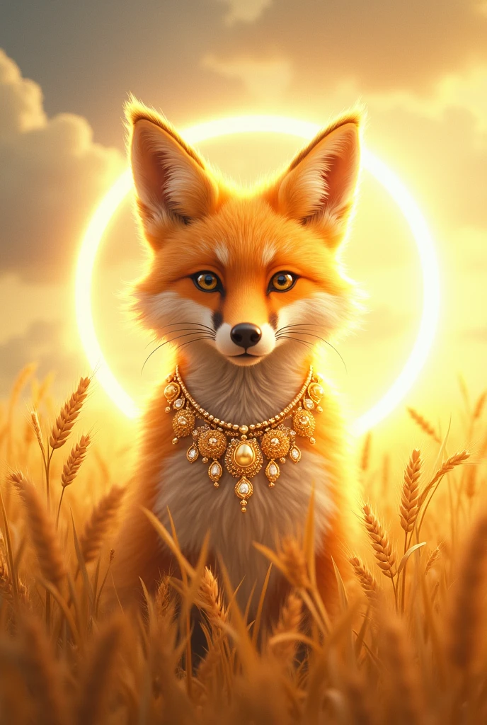 Create an illustration of a large magical fox emerging from the wheat fields under a bright golden light. The fox must have golden, radiant fur, and around his neck, add a splendid string of sparkling jewels that enhances its grandeur and majesty. The cord should look like it is made of precious stones and fine metals., reflecting the golden light and adding a touch of opulence and power. The scene should show the fox emerging smoothly from the golden wheat fields, with the light creating a halo around it, conveying a sense of reverence and majesty. The background should be a peaceful field with ears of wheat waving in the wind and a soft sky that complements the magical atmosphere.