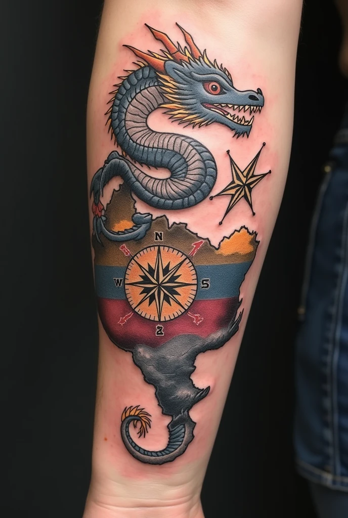 Aesthetic dragon tattoo with map of Venezuela and a compass