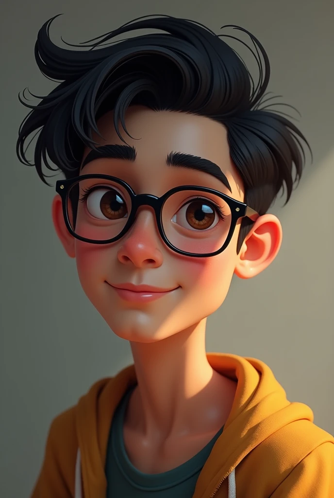 A teenage male with dark brown eyes, with hair to one side, thick lips, high, thin and with a nice smile, put on glasses 